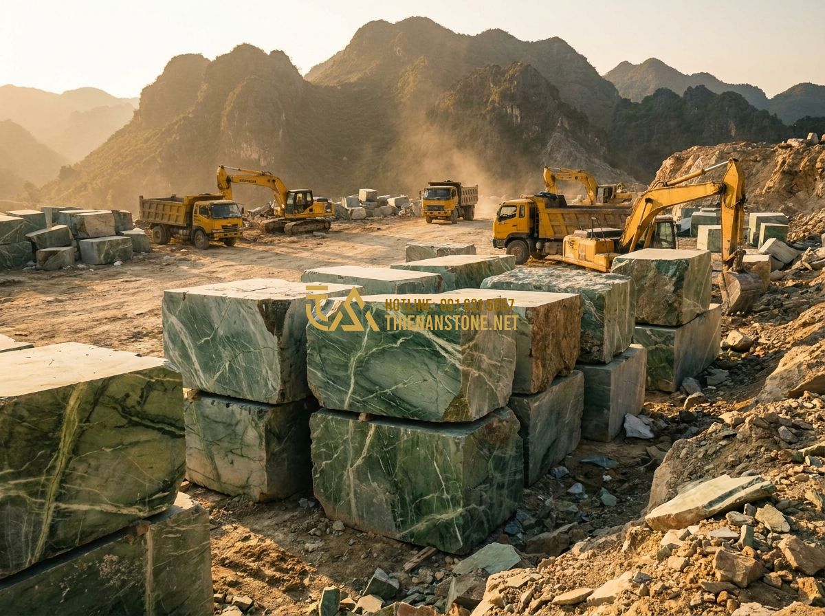 Cách Chọn Con Tiện Đá Tự Nhiên Đẹp & Bền Mãi Cho Lan Can Cầu Thang - Tạo ảnh tiếng Anh: [Workers in a quarry selecting large blocks of natural stone,