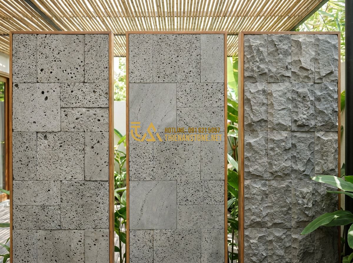 Cách Chọn Đá Ốp Tường Phù Hợp Phong Thủy & Kiến Trúc Nhà Việt - Tạo ảnh tiếng Anh: A side-by-side comparison of three stone textures: polished w