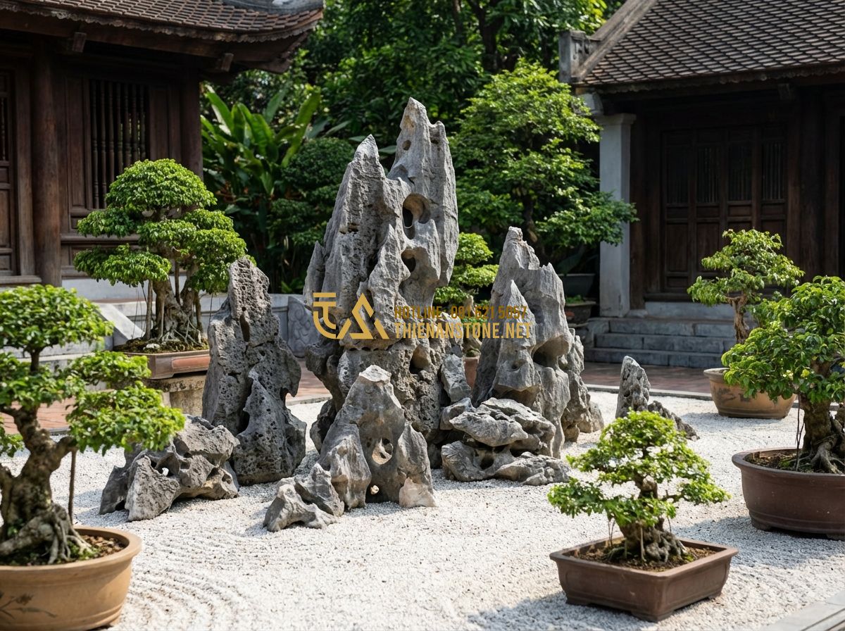 Cách Chọn Đá Tai Mèo Đẹp Không Nên Bỏ Lỡ Khi Làm Tiểu Cảnh Bonsai - Tạo ảnh tiếng Anh: An impressive Zen garden featuring cat ear stones arranged as