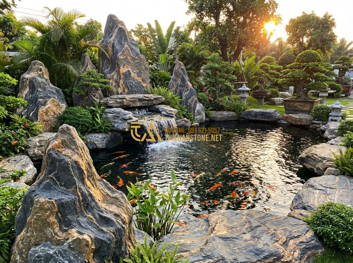 Cách Chọn Đá Vân Thạch Đẹp Cho Hồ Cá Koi Và Thác Nước Không Bị Phai Màu - Tạo ảnh tiếng Anh: A high-end luxury garden with a large Koi pond surrounded by