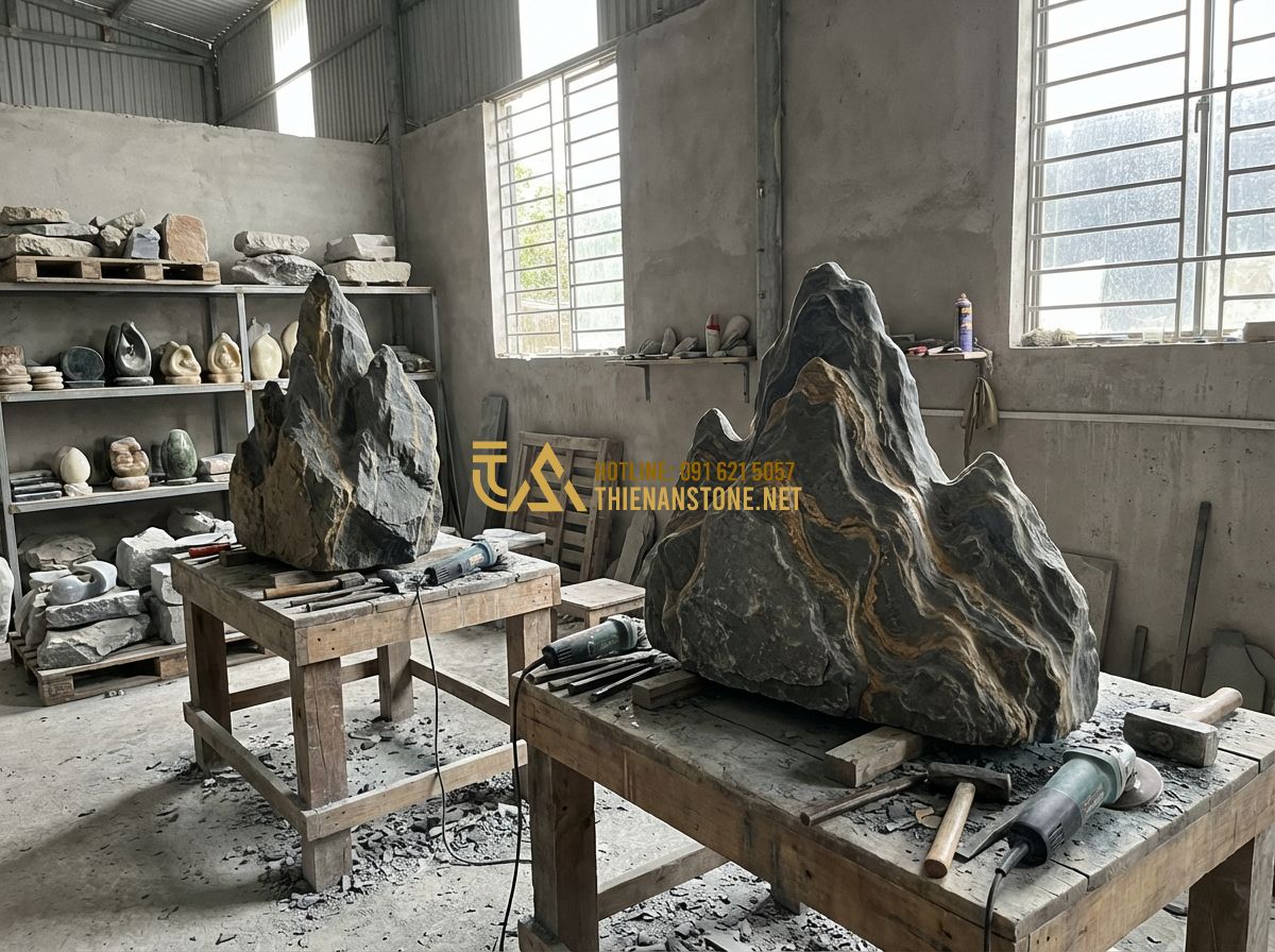 Cách Chọn Đá Vân Thạch Đẹp Cho Hồ Cá Koi Và Thác Nước Không Bị Phai Màu - Tạo ảnh tiếng Anh: Inside the workshop of Thien An Stone. Experienced artisans a