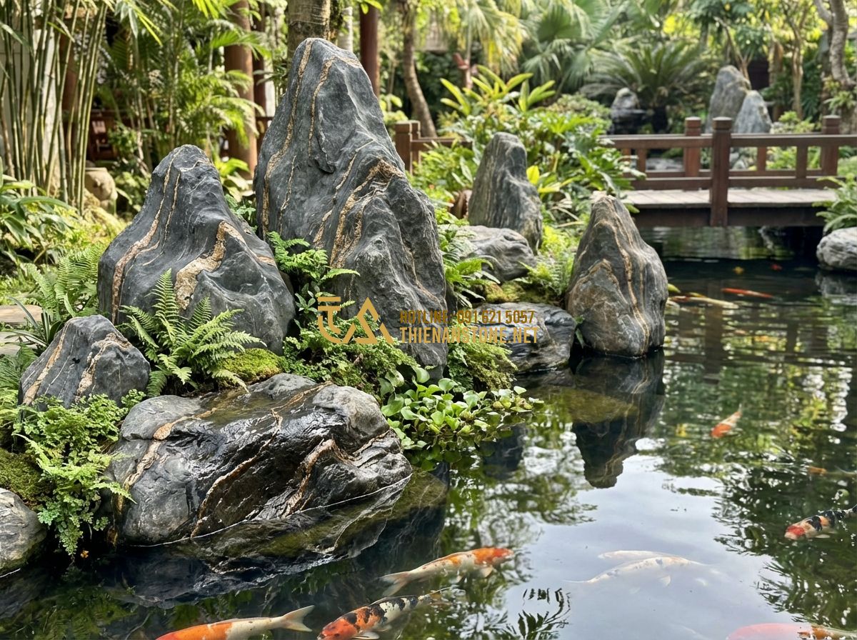Cách Chọn Đá Vân Thạch Đẹp Cho Hồ Cá Koi Và Thác Nước Không Bị Phai Màu - Tạo ảnh tiếng Anh: An artistic arrangement of Van Thach stones along the edge of