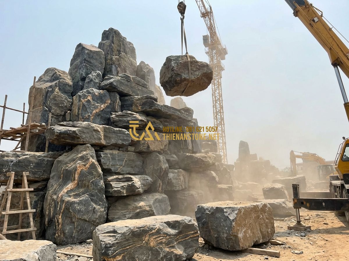 Cách Chọn Đá Vân Thạch Đẹp Cho Hồ Cá Koi Và Thác Nước Không Bị Phai Màu - Tạo ảnh tiếng Anh: Construction process of a stone waterfall using massive Van T