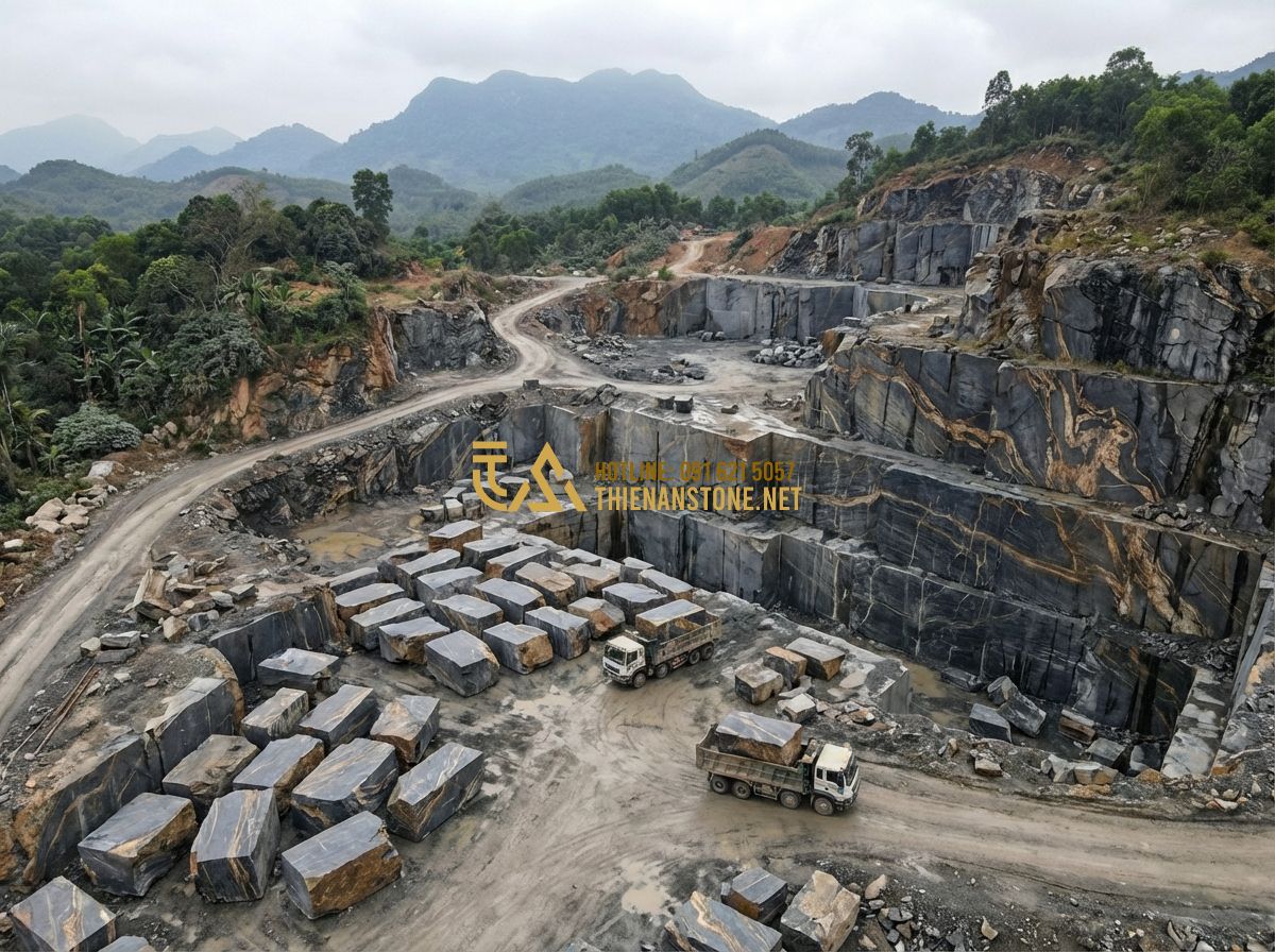 Cách Chọn Đá Vân Thạch Đẹp Cho Hồ Cá Koi Và Thác Nước Không Bị Phai Màu - Tạo ảnh tiếng Anh: An aerial view of a large stone quarry where natural Van Thac