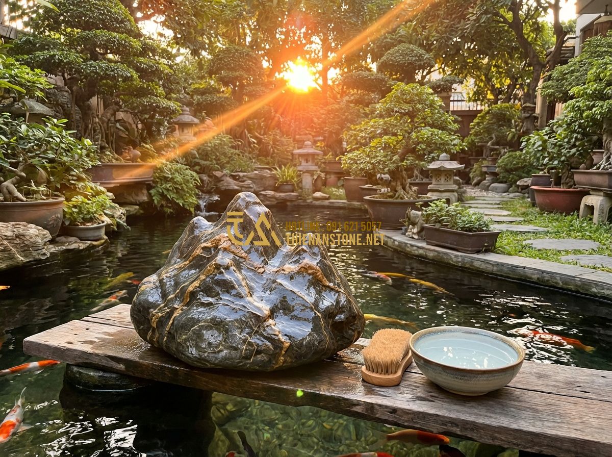 Cách Chọn Đá Vân Thạch Đẹp Cho Hồ Cá Koi Và Thác Nước Không Bị Phai Màu - Tạo ảnh tiếng Anh: A garden owner happily maintaining their Koi pond. They are u