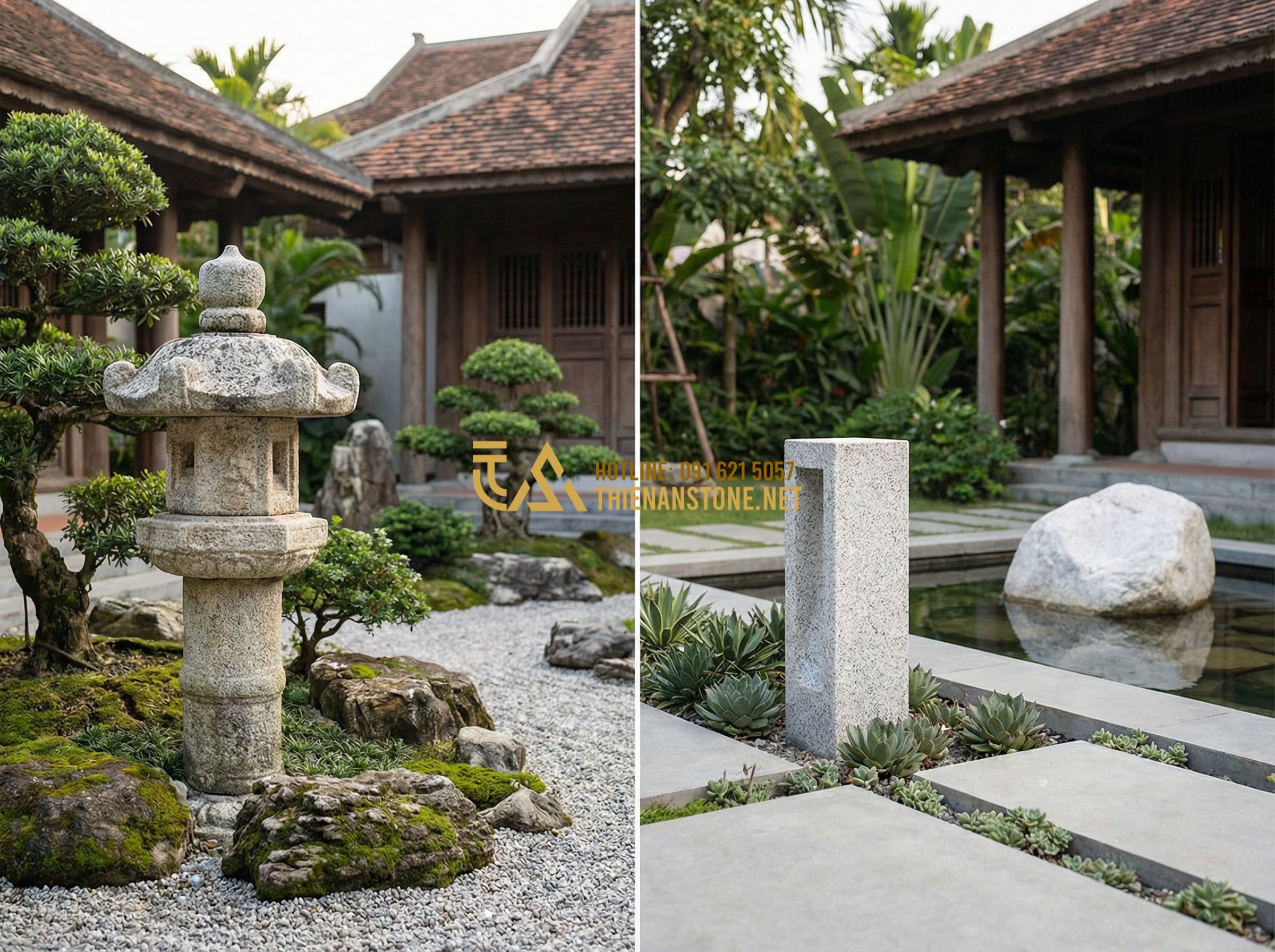 Cách Chọn Đèn Đá Sân Vườn Đúng Chuẩn: 7 Tiêu Chí Không Thể Bỏ Qua - Tạo ảnh tiếng Anh: A split screen comparison showing a traditional Zen garden wi