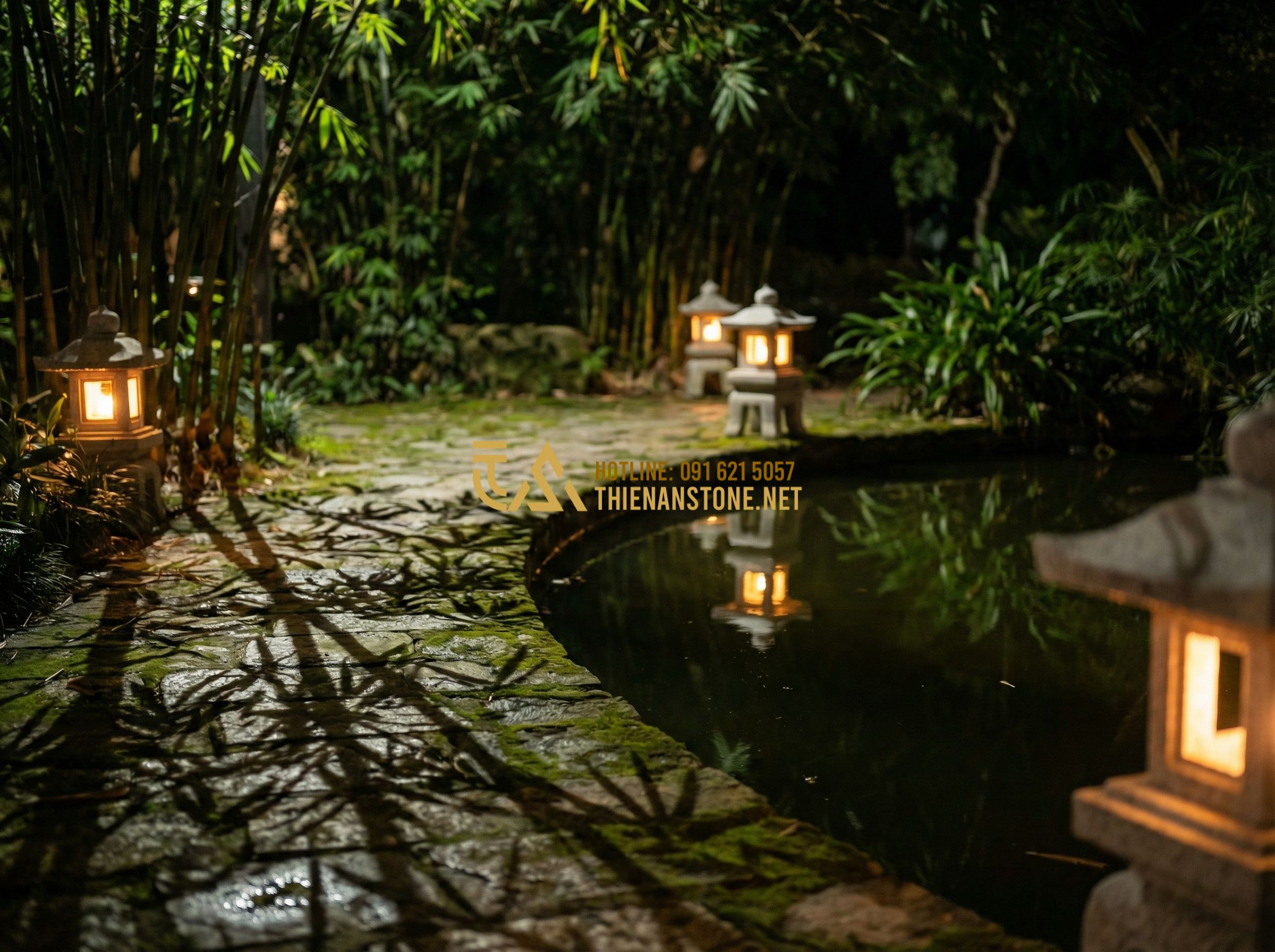 Cách Chọn Đèn Đá Sân Vườn Đúng Chuẩn: 7 Tiêu Chí Không Thể Bỏ Qua - Tạo ảnh tiếng Anh: A garden at night with stone lanterns emitting a warm, soft o