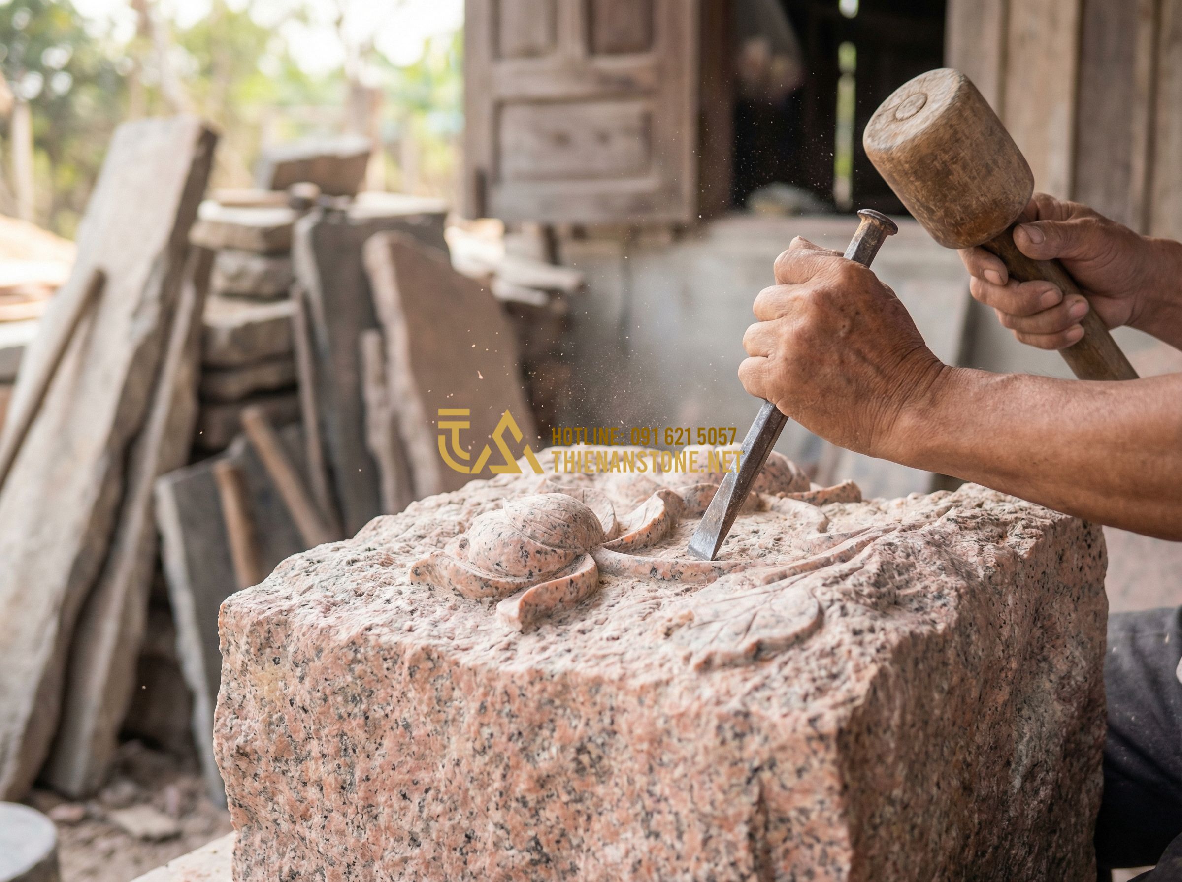 Cách Chọn Đèn Đá Sân Vườn Đúng Chuẩn: 7 Tiêu Chí Không Thể Bỏ Qua - Tạo ảnh tiếng Anh: A close-up of a craftsman's hands using a chisel and hammer t