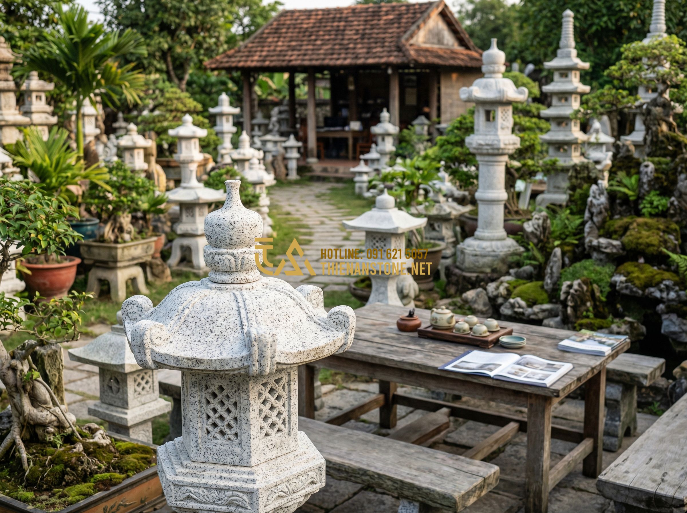 Cách Chọn Đèn Đá Sân Vườn Đúng Chuẩn: 7 Tiêu Chí Không Thể Bỏ Qua - Tạo ảnh tiếng Anh: A spacious outdoor showroom of a reputable stone masonry busi