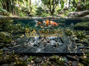 Cách chọn kích thước nắp hút đáy bằng đá phù hợp với lưu lượng bơm hồ cá - Tạo ảnh tiếng Anh: A professional close-up shot of a natural stone bottom drain