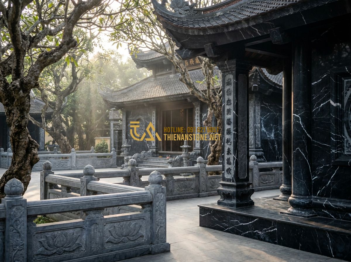 Cách Chọn Lan Can Đá Đẹp & Bản Vẽ Thiết Kế Lan Can Đá Chuẩn Mỹ Nghệ - Hình 1 Cách Chọn Lan Can Đá Đẹp & Bản Vẽ Thiết Kế Lan Can Đá Chuẩn Mỹ Nghệ - Tạo ảnh tiếng Anh: [A wide-angle, cinematic shot of a majestic traditional Vietn