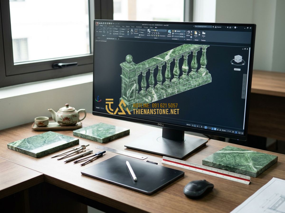 Cách Chọn Lan Can Đá Đẹp & Bản Vẽ Thiết Kế Lan Can Đá Chuẩn Mỹ Nghệ - Hình 1 Cách Chọn Lan Can Đá Đẹp & Bản Vẽ Thiết Kế Lan Can Đá Chuẩn Mỹ Nghệ - Tạo ảnh tiếng Anh: [A professional architect working on a detailed 3D AutoCAD dr