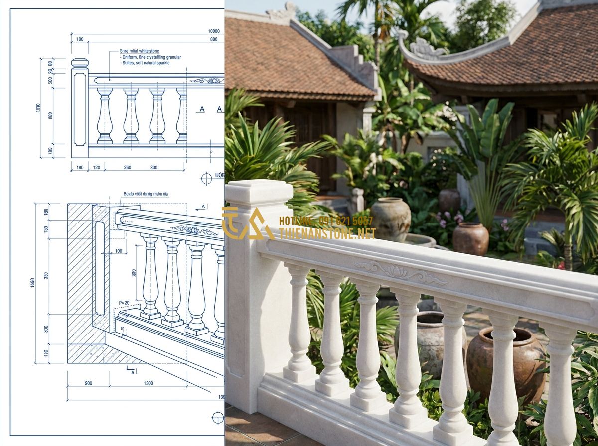 Cách Chọn Lan Can Đá Đẹp & Bản Vẽ Thiết Kế Lan Can Đá Chuẩn Mỹ Nghệ - Hình 2 Cách Chọn Lan Can Đá Đẹp & Bản Vẽ Thiết Kế Lan Can Đá Chuẩn Mỹ Nghệ - Tạo ảnh tiếng Anh: [A split screen showing a 2D technical blueprint of a stone r