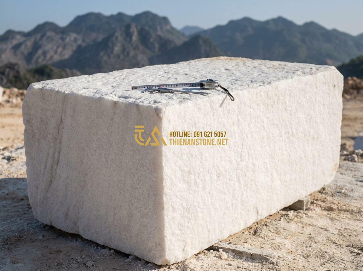 Cách Chọn Lan Can Đá Đẹp & Bản Vẽ Thiết Kế Lan Can Đá Chuẩn Mỹ Nghệ - Hình 3 Cách Chọn Lan Can Đá Đẹp & Bản Vẽ Thiết Kế Lan Can Đá Chuẩn Mỹ Nghệ - Tạo ảnh tiếng Anh: [A large block of high-quality green bluestone in a quarry, w