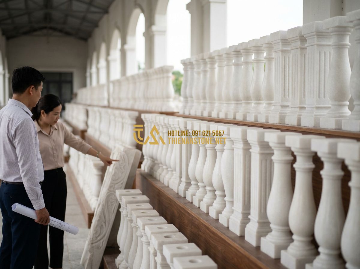 Cách Chọn Lục Bình Đá Lan Can Đẹp, Bền & Phù Hợp Kiến Trúc Nhà Việt - Hình 7 Cách Chọn Lục Bình Đá Lan Can Đẹp, Bền & Phù Hợp Kiến Trúc Nhà Việt - Tạo ảnh tiếng Anh: A homeowner, a middle-aged woman with a gentle smile, is clea