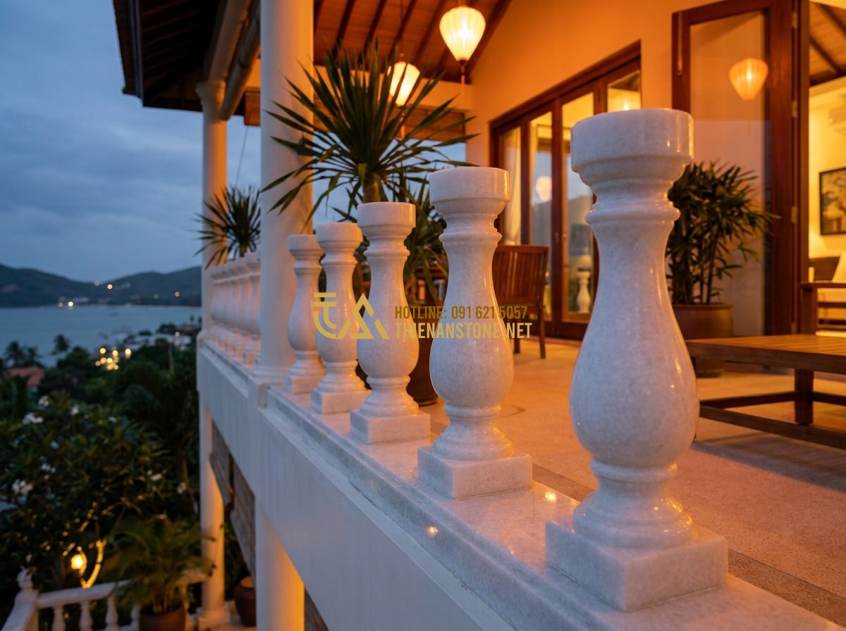 Cách Chọn Lục Bình Đá Lan Can Đẹp, Bền & Phù Hợp Kiến Trúc Nhà Việt - Hình 8 Cách Chọn Lục Bình Đá Lan Can Đẹp, Bền & Phù Hợp Kiến Trúc Nhà Việt - Tạo ảnh tiếng Anh: An emotional scene of an elderly mother touching the smooth s