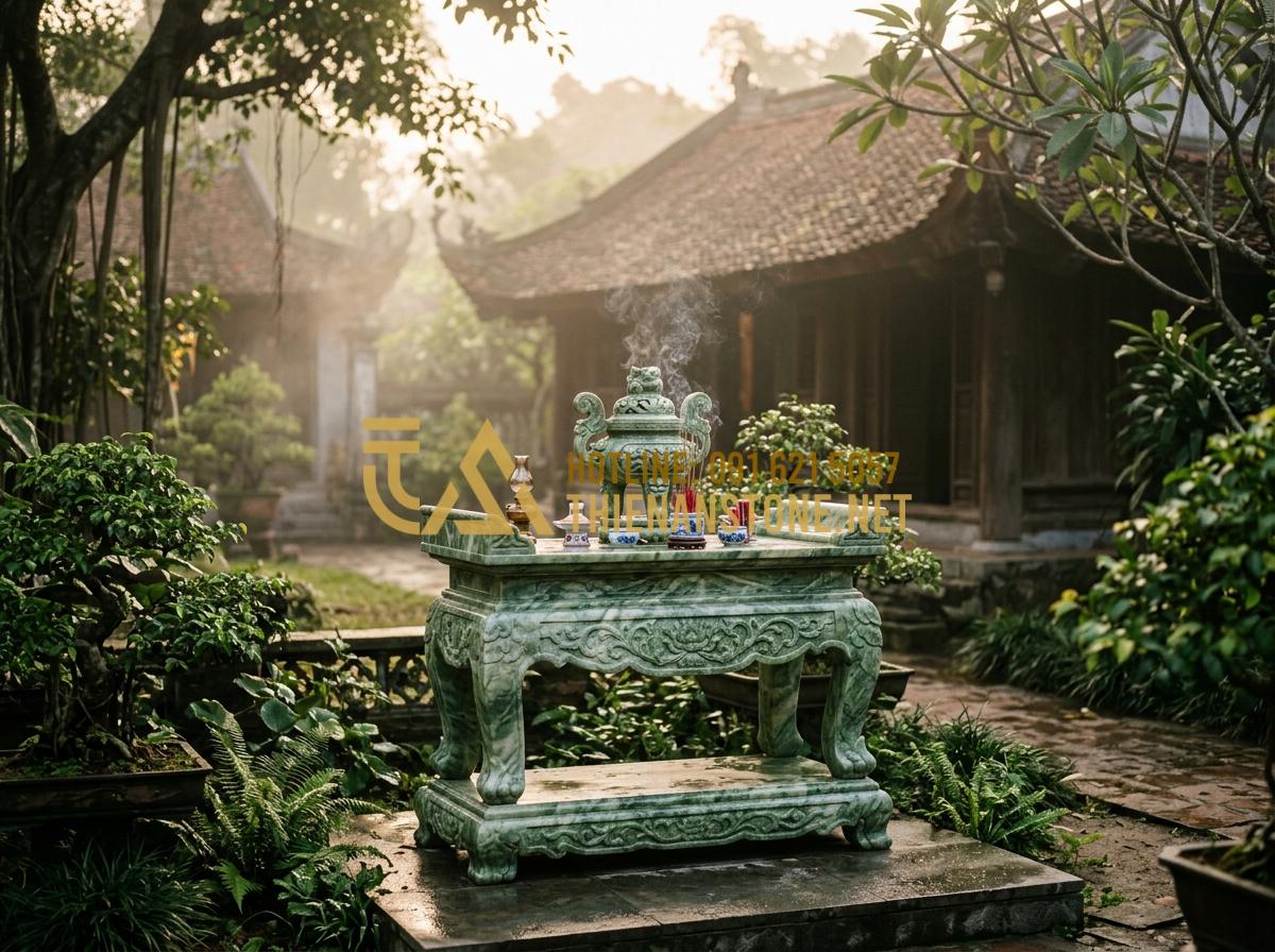Cách Đặt Bát Hương Đá Trên Bàn Thờ Thiên Và Cây Hương Ngoài Trời Chuẩn Nhất - Hình 1 Cách Đặt Bát Hương Đá Trên Bàn Thờ Thiên Và Cây Hương Ngoài Trời Chuẩn Nhất - Tạo ảnh tiếng Anh: A serene outdoor stone altar, known as Ban Tho Thien, standin