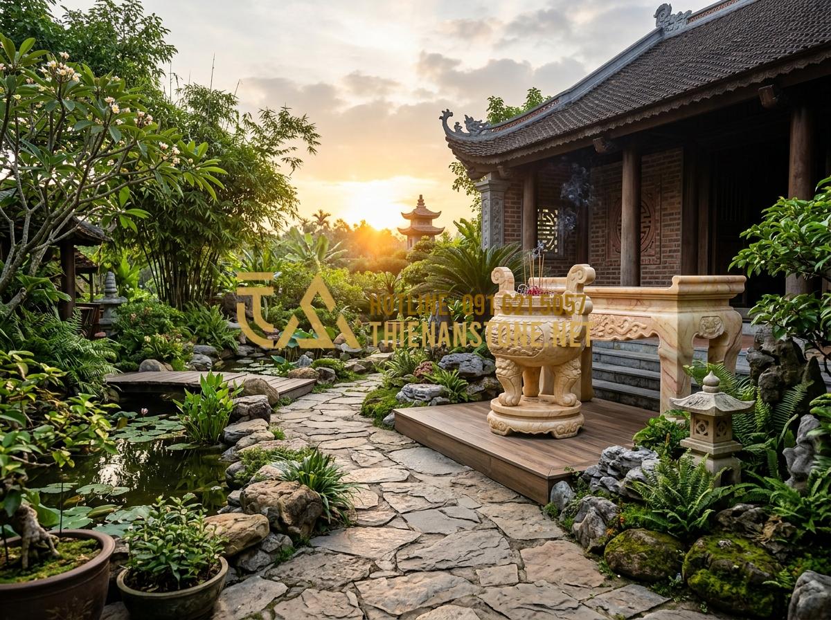 Cách Đặt Bát Hương Đá Trên Bàn Thờ Thiên Và Cây Hương Ngoài Trời Chuẩn Nhất - Hình 3 Cách Đặt Bát Hương Đá Trên Bàn Thờ Thiên Và Cây Hương Ngoài Trời Chuẩn Nhất - Tạo ảnh tiếng Anh: A wide shot showing the orientation of a stone incense burner