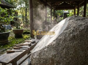 Cách Khắc Chữ Lên Đá Tự Nhiên Đơn Giản, Đẹp Và Chuyên Nghiệp Nhất 2024 - Tạo ảnh tiếng Anh: A professional craftsman hand-carving intricate Vietnamese ca