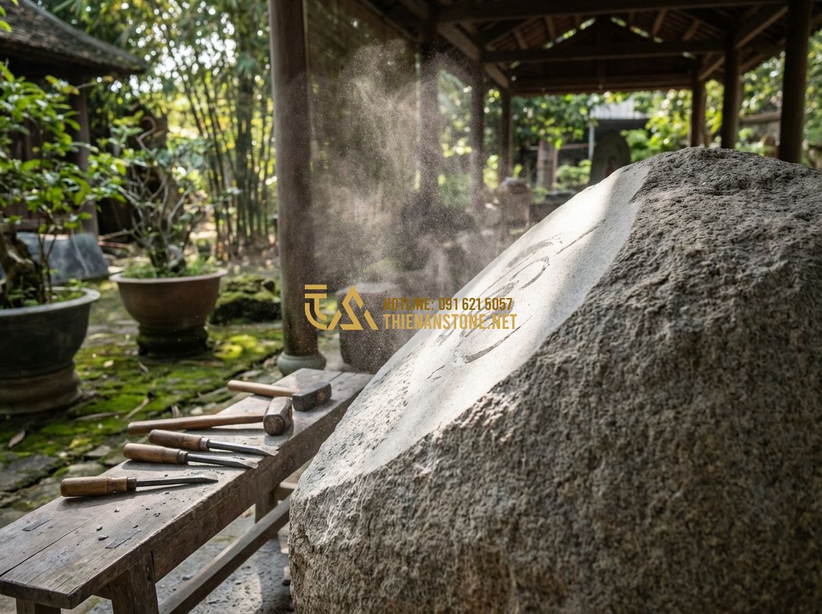 Cách Khắc Chữ Lên Đá Tự Nhiên Đơn Giản, Đẹp Và Chuyên Nghiệp Nhất 2024 - Hình 1 Cách Khắc Chữ Lên Đá Tự Nhiên Đơn Giản, Đẹp Và Chuyên Nghiệp Nhất 2024 - Tạo ảnh tiếng Anh: A professional craftsman hand-carving intricate Vietnamese ca