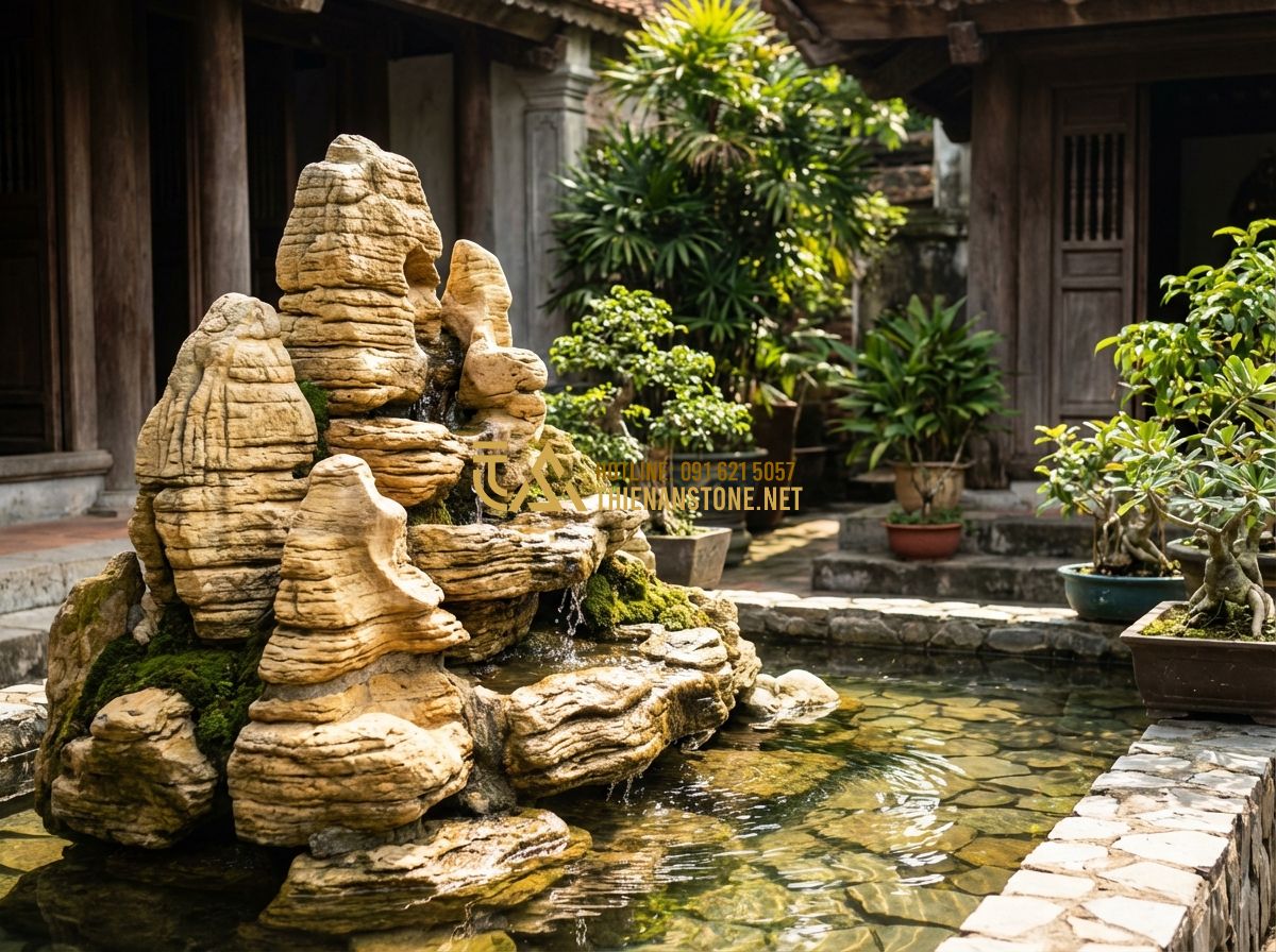 Cách Làm Hòn Non Bộ Bằng Xi Măng Đơn Giản Tại Nhà - Hướng Dẫn Chi Tiết - Tạo ảnh tiếng Anh: A serene garden scene featuring a beautifully crafted cement
