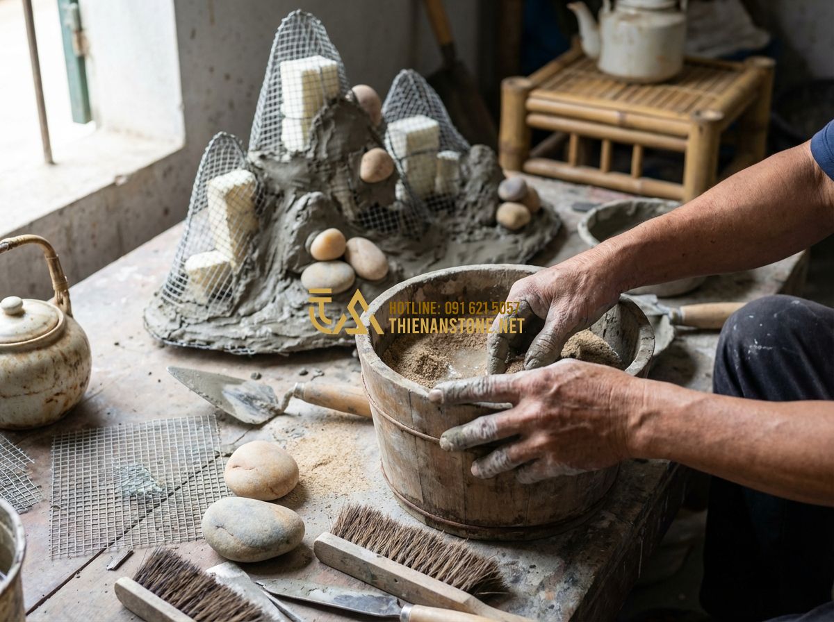 Cách Làm Hòn Non Bộ Bằng Xi Măng Đơn Giản Tại Nhà - Hướng Dẫn Chi Tiết - Tạo ảnh tiếng Anh: Close-up of artisan hands mixing gray cement and fine sand in