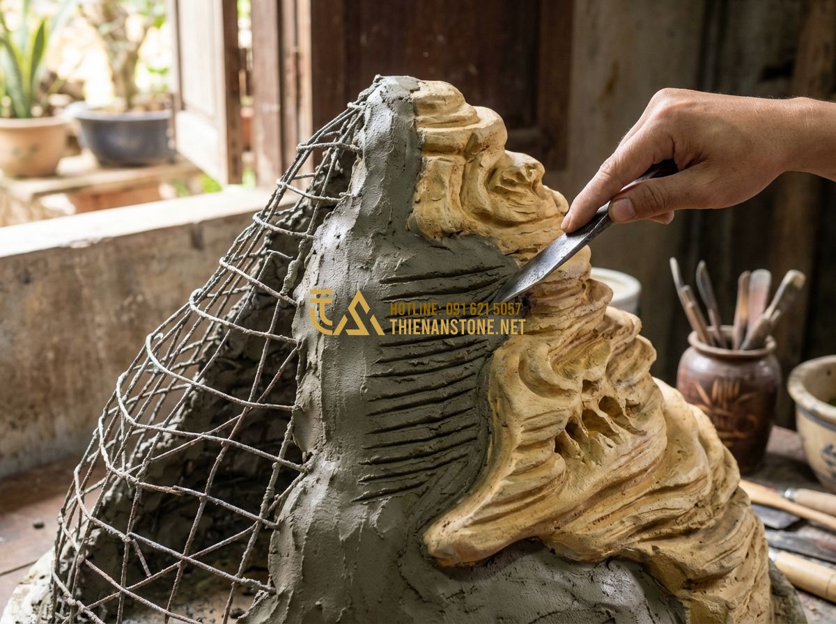 Cách Làm Hòn Non Bộ Bằng Xi Măng Đơn Giản Tại Nhà - Hướng Dẫn Chi Tiết - Tạo ảnh tiếng Anh: An artistic shot of a half-finished cement mountain. One side