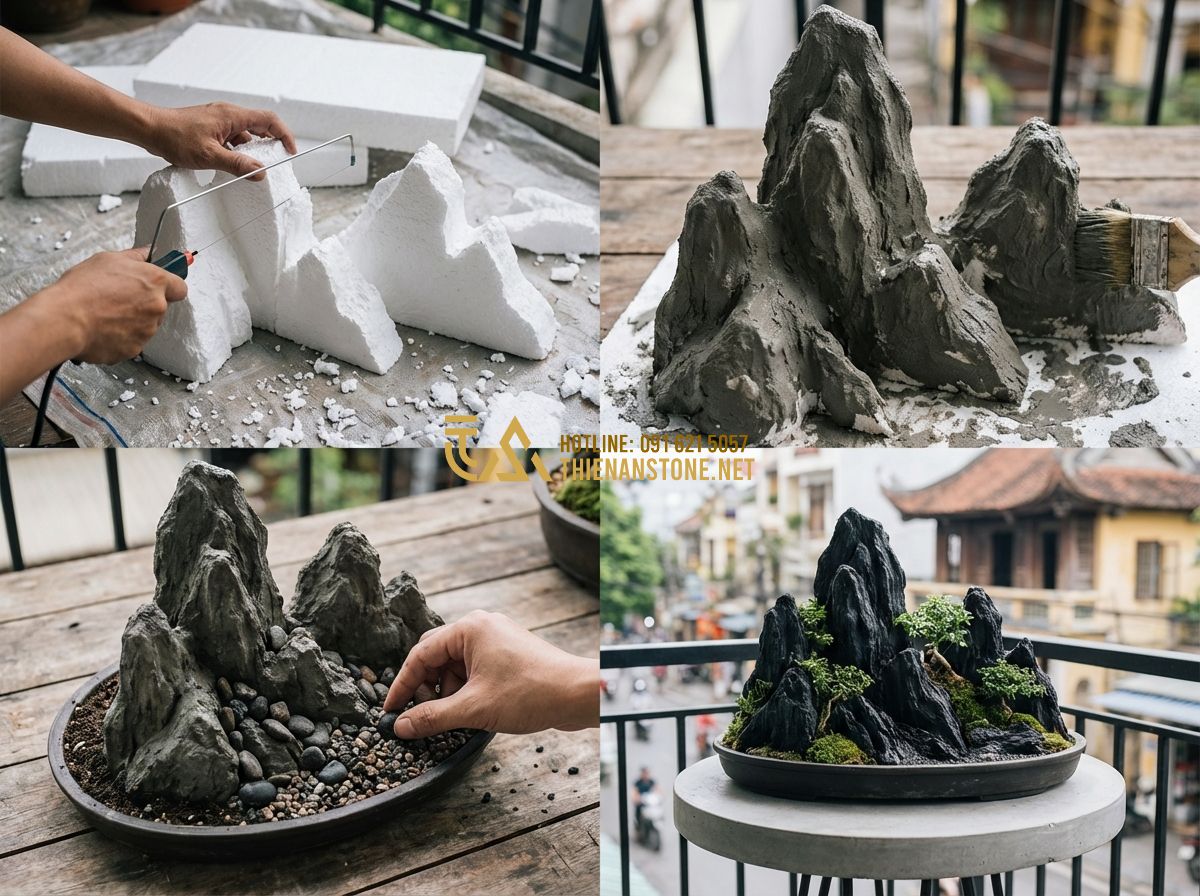 Cách Làm Hòn Non Bộ Bằng Xi Măng Đơn Giản Tại Nhà - Hướng Dẫn Chi Tiết - Tạo ảnh tiếng Anh: A step-by-step montage showing the process of building a ligh