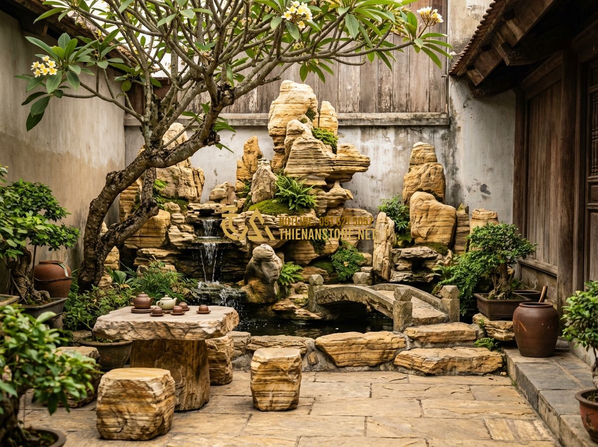 Cách Làm Hòn Non Bộ Bằng Xi Măng Đơn Giản Tại Nhà - Hướng Dẫn Chi Tiết - Tạo ảnh tiếng Anh: A wide shot of a traditional Vietnamese courtyard with a larg