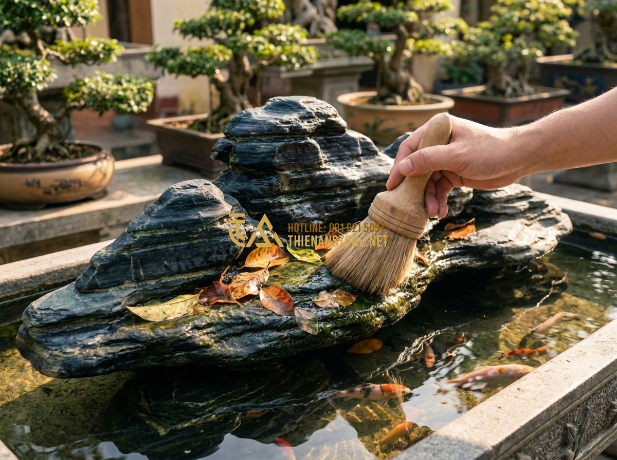Cách Làm Hòn Non Bộ Bằng Xi Măng Đơn Giản Tại Nhà - Hướng Dẫn Chi Tiết - Tạo ảnh tiếng Anh: A person is using a soft brush to gently clean fallen leaves