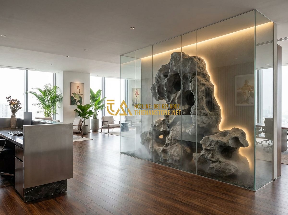 Cách Làm Hòn Non Bộ Bằng Xốp Mini Đơn Giản, Đẹp Và Bền - Tạo ảnh tiếng Anh: A high-end office reception area featuring a large, artistic