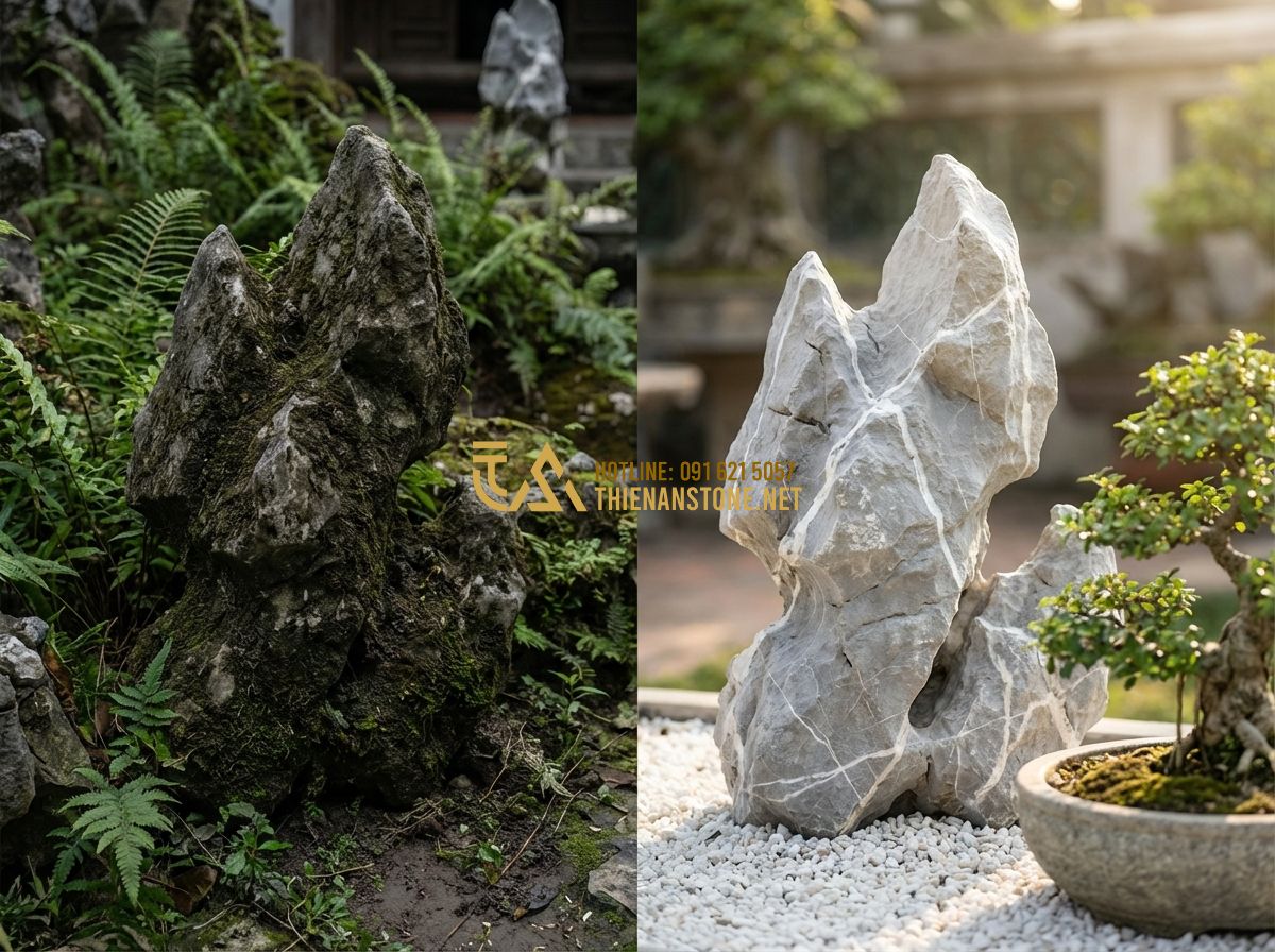 Cách Làm Sạch Và Bảo Quản Đá Tai Mèo Dài Lâu Không Mất Màu - Tạo ảnh tiếng Anh: A split-screen comparison image. On the left side, a weathere