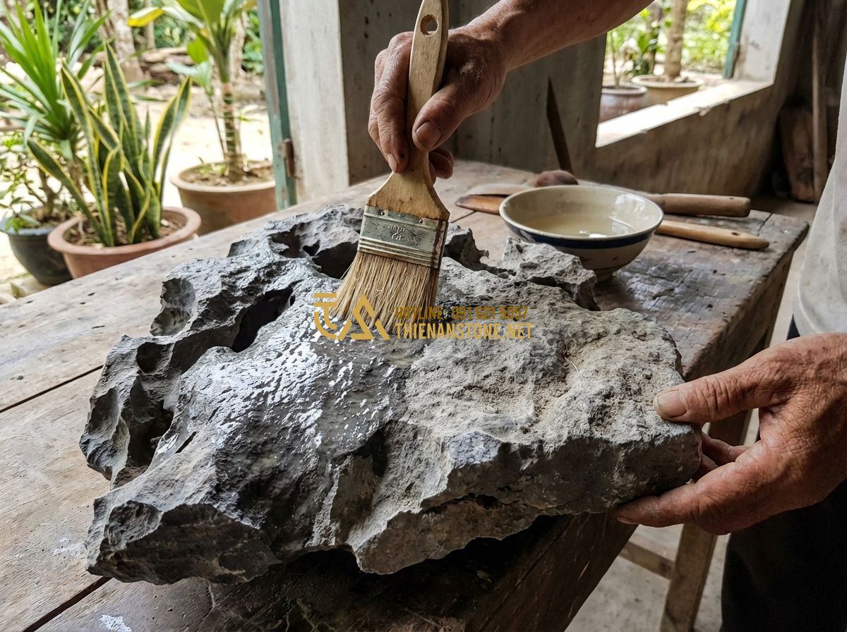Cách Làm Sạch Và Bảo Quản Đá Tai Mèo Dài Lâu Không Mất Màu - Tạo ảnh tiếng Anh: A professional craftsman applying a clear protective sealant