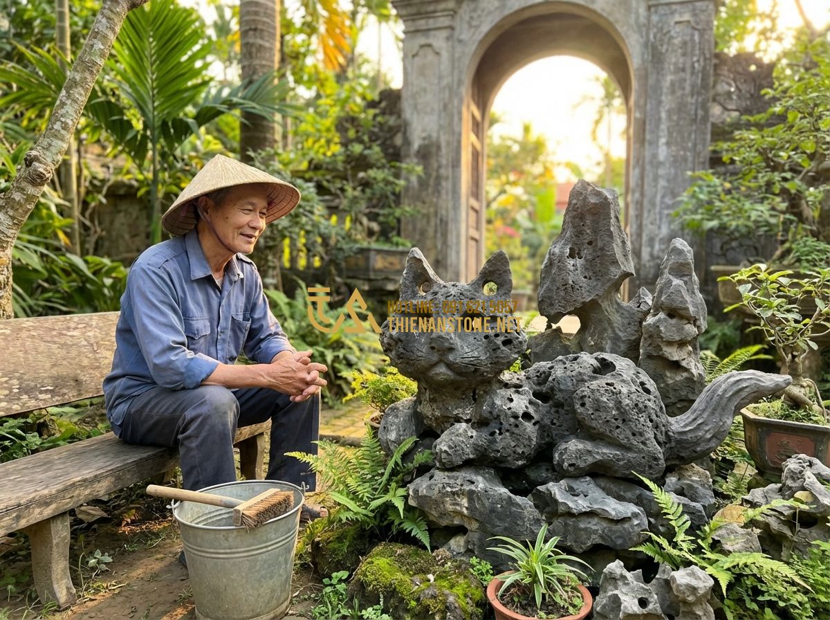 Cách Làm Sạch Và Bảo Quản Đá Tai Mèo Dài Lâu Không Mất Màu - Tạo ảnh tiếng Anh: A peaceful, emotional scene of an older man sitting on a wood