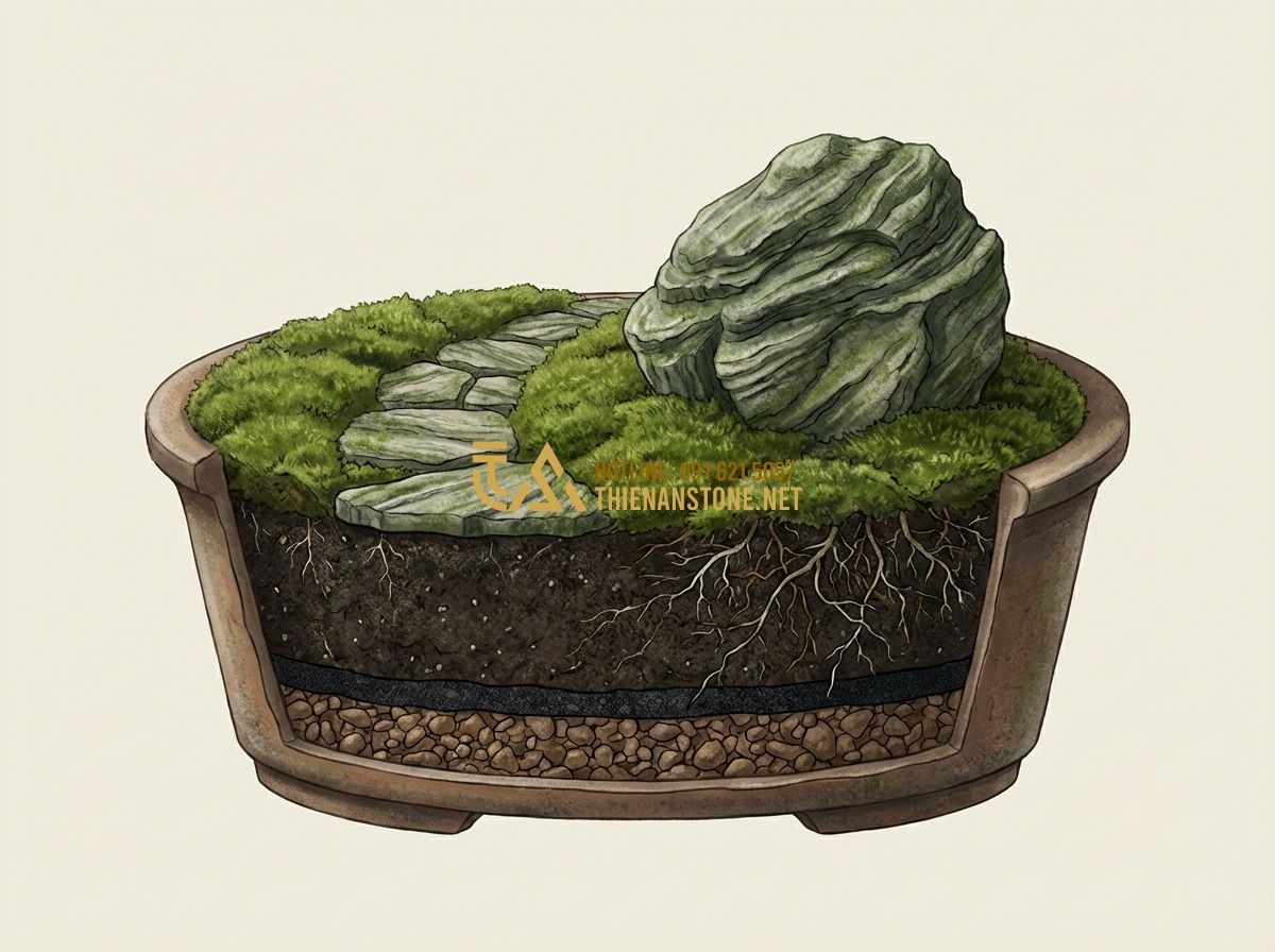 Cách Làm Tiểu Cảnh Sân Vườn Mini Đẹp Tự Làm Tại Nhà - Hình 3 Cách Làm Tiểu Cảnh Sân Vườn Mini Đẹp Tự Làm Tại Nhà - Tạo ảnh tiếng Anh: A detailed cross-section illustration of a miniature garden s