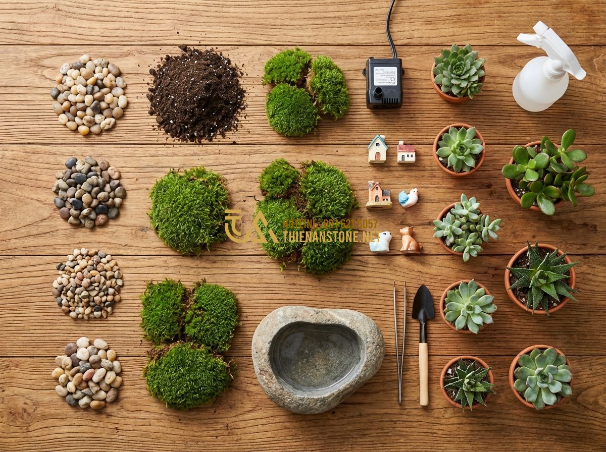 Cách Làm Tiểu Cảnh Sân Vườn Mini Đơn Giản Tại Nhà | Hướng Dẫn Chi Tiết - Hình 2 Cách Làm Tiểu Cảnh Sân Vườn Mini Đơn Giản Tại Nhà | Hướng Dẫn Chi Tiết - Tạo ảnh tiếng Anh: A professional top-down view of various materials for a mini