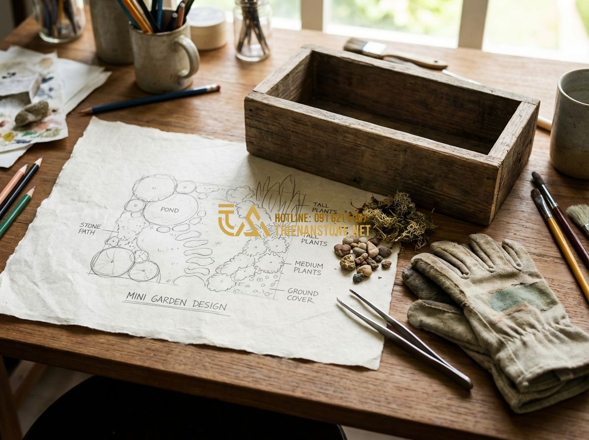 Cách Làm Tiểu Cảnh Sân Vườn Mini Đơn Giản Tại Nhà | Hướng Dẫn Chi Tiết - Hình 3 Cách Làm Tiểu Cảnh Sân Vườn Mini Đơn Giản Tại Nhà | Hướng Dẫn Chi Tiết - Tạo ảnh tiếng Anh: An artist's workspace showing a detailed sketch of a mini gar