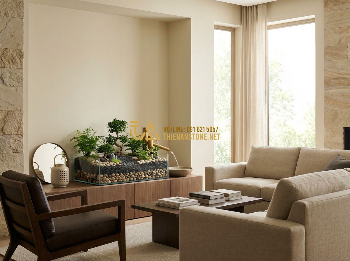 Cách Làm Tiểu Cảnh Sân Vườn Mini Đơn Giản Tại Nhà | Hướng Dẫn Chi Tiết - Hình 5 Cách Làm Tiểu Cảnh Sân Vườn Mini Đơn Giản Tại Nhà | Hướng Dẫn Chi Tiết - Tạo ảnh tiếng Anh: An elegant living room interior with a strategically placed m