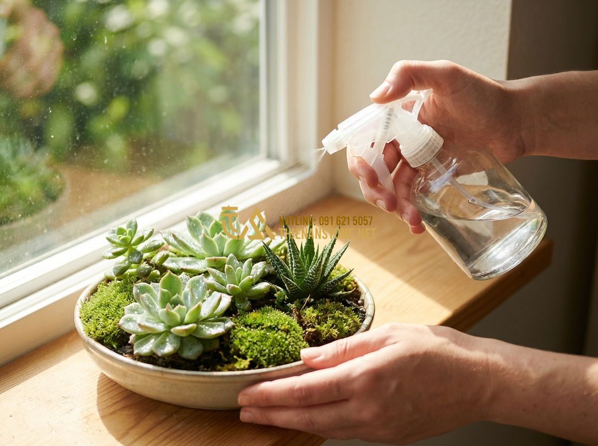 Cách Làm Tiểu Cảnh Sân Vườn Mini Đơn Giản Tại Nhà | Hướng Dẫn Chi Tiết - Hình 6 Cách Làm Tiểu Cảnh Sân Vườn Mini Đơn Giản Tại Nhà | Hướng Dẫn Chi Tiết - Tạo ảnh tiếng Anh: A person gently misting a beautiful mini garden landscape wit