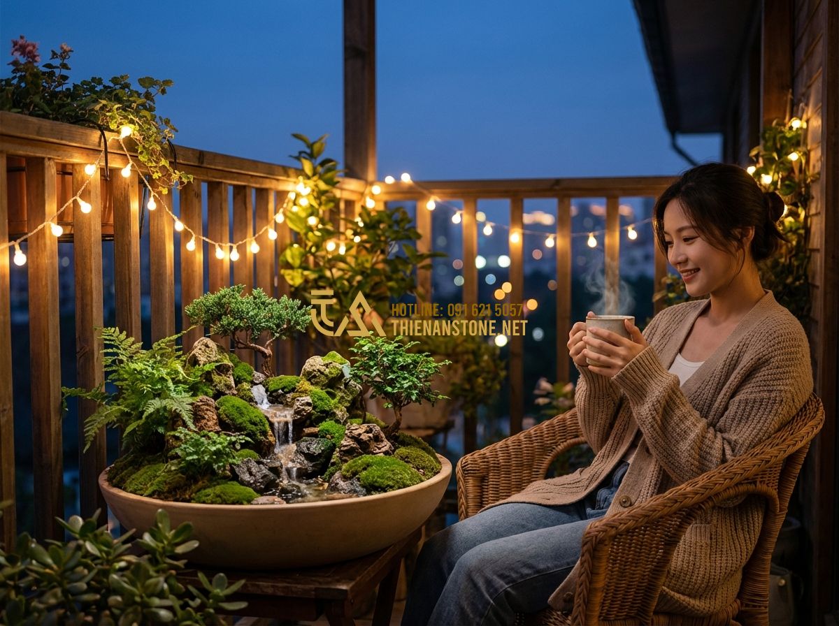 Cách Làm Tiểu Cảnh Sân Vườn Mini Đơn Giản Tại Nhà | Hướng Dẫn Chi Tiết - Hình 7 Cách Làm Tiểu Cảnh Sân Vườn Mini Đơn Giản Tại Nhà | Hướng Dẫn Chi Tiết - Tạo ảnh tiếng Anh: A warm, cinematic shot of a young woman sitting on a cozy bal