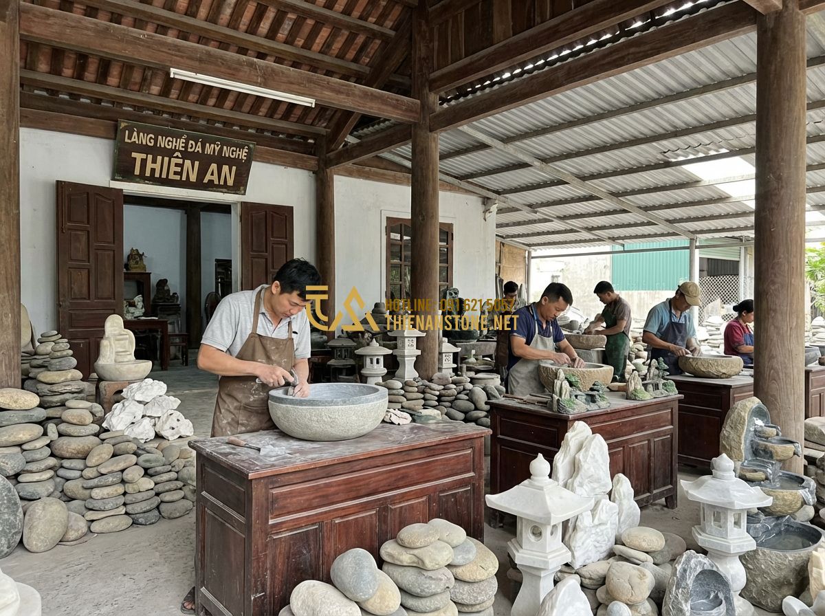 Cách Làm Tiểu Cảnh Sân Vườn Mini Đơn Giản Tại Nhà | Hướng Dẫn Chi Tiết - Hình 8 Cách Làm Tiểu Cảnh Sân Vườn Mini Đơn Giản Tại Nhà | Hướng Dẫn Chi Tiết - Tạo ảnh tiếng Anh: A professional workshop scene at Thien An Stone Craft Village