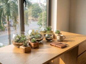 Cách Làm Tiểu Cảnh Sen Đá Trong Chậu Thủy Tinh Và Chậu Gỗ - Tạo ảnh tiếng Anh: A high-quality, professional photo of a variety of succulent