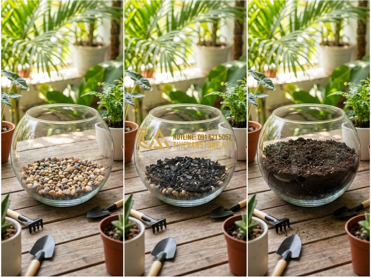 Cách Làm Tiểu Cảnh Sen Đá Trong Chậu Thủy Tinh Và Chậu Gỗ - Hình 5 Cách Làm Tiểu Cảnh Sen Đá Trong Chậu Thủy Tinh Và Chậu Gỗ - Tạo ảnh tiếng Anh: Detailed step-by-step photography showing the layers of a ter