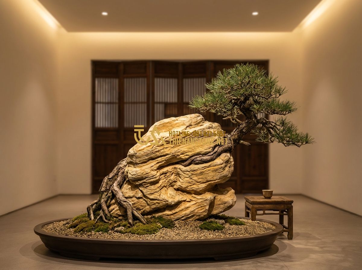 Cách Làm Vườn Đá Cảnh Bonsai Kết Hợp Cây Cảnh Và Đá Tự Nhiên Đẹp Như Chuyên Gia - Hình 1 Cách Làm Vườn Đá Cảnh Bonsai Kết Hợp Cây Cảnh Và Đá Tự Nhiên Đẹp Như Chuyên Gia - Tạo ảnh tiếng Anh: A high-end professional indoor bonsai rock garden setup, feat