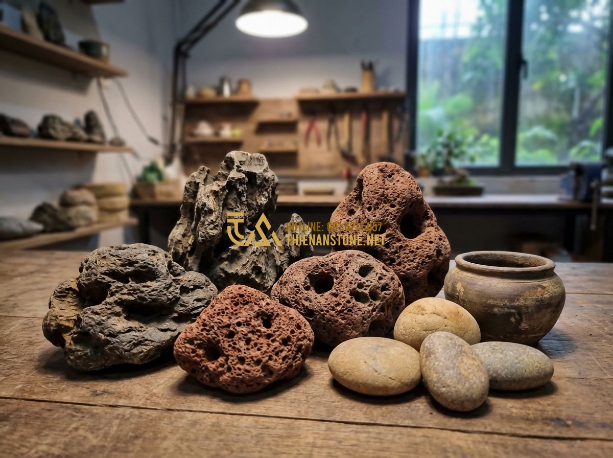 Cách Làm Vườn Đá Cảnh Bonsai Kết Hợp Cây Cảnh Và Đá Tự Nhiên Đẹp Như Chuyên Gia - Hình 2 Cách Làm Vườn Đá Cảnh Bonsai Kết Hợp Cây Cảnh Và Đá Tự Nhiên Đẹp Như Chuyên Gia - Tạo ảnh tiếng Anh: A collection of different types of natural art stones for bon
