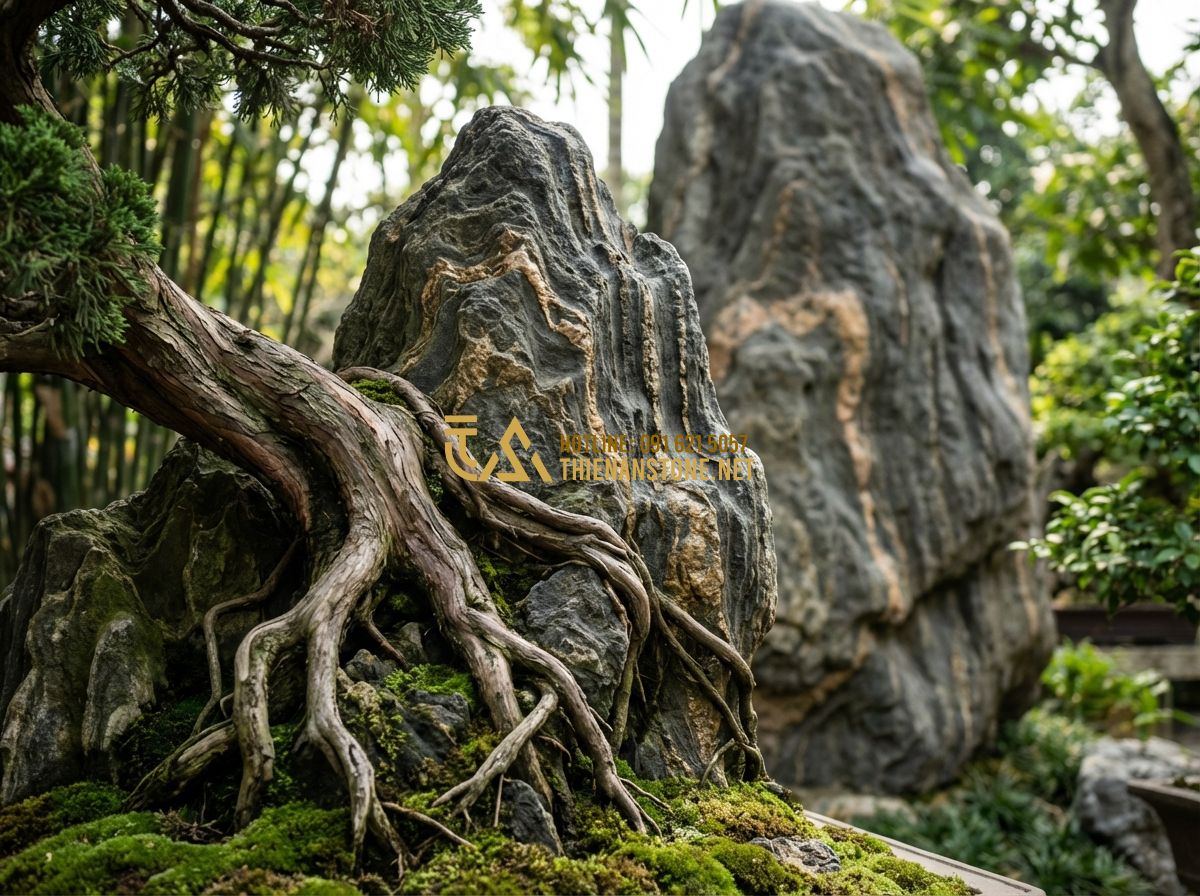 Cách Làm Vườn Đá Cảnh Bonsai Kết Hợp Cây Cảnh Và Đá Tự Nhiên Đẹp Như Chuyên Gia - Hình 3 Cách Làm Vườn Đá Cảnh Bonsai Kết Hợp Cây Cảnh Và Đá Tự Nhiên Đẹp Như Chuyên Gia - Tạo ảnh tiếng Anh: Close-up of a Shimpaku Juniper bonsai tree with its roots int