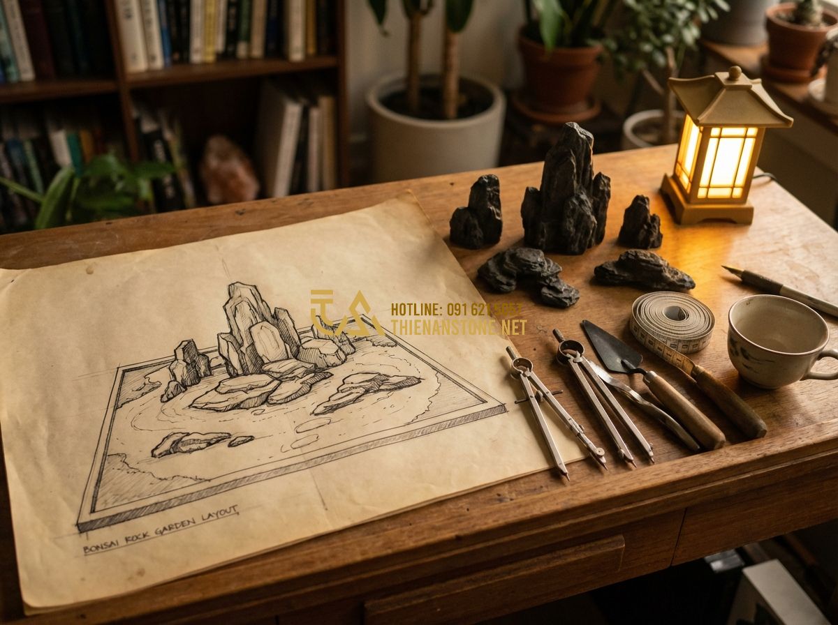 Cách Làm Vườn Đá Cảnh Bonsai Kết Hợp Cây Cảnh Và Đá Tự Nhiên Đẹp Như Chuyên Gia - Hình 4 Cách Làm Vườn Đá Cảnh Bonsai Kết Hợp Cây Cảnh Và Đá Tự Nhiên Đẹp Như Chuyên Gia - Tạo ảnh tiếng Anh: A professional landscape architect's desk showing a hand-draw