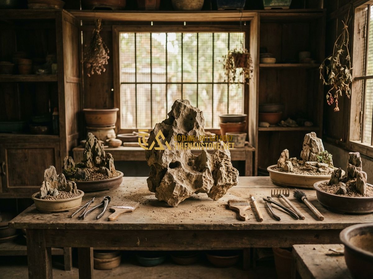 Cách Làm Vườn Đá Cảnh Bonsai Kết Hợp Cây Cảnh Và Đá Tự Nhiên Đẹp Như Chuyên Gia - Hình 6 Cách Làm Vườn Đá Cảnh Bonsai Kết Hợp Cây Cảnh Và Đá Tự Nhiên Đẹp Như Chuyên Gia - Tạo ảnh tiếng Anh: An artisan in a traditional workshop carefully cleaning a lar