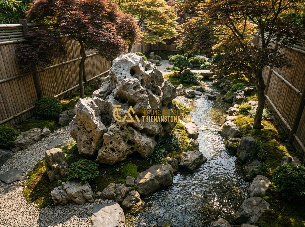 Cách Làm Vườn Đá Cảnh Bonsai Kết Hợp Cây Cảnh Và Đá Tự Nhiên Đẹp Như Chuyên Gia - Hình 7 Cách Làm Vườn Đá Cảnh Bonsai Kết Hợp Cây Cảnh Và Đá Tự Nhiên Đẹp Như Chuyên Gia - Tạo ảnh tiếng Anh: A high-angle shot of a beautifully maintained outdoor rock ga
