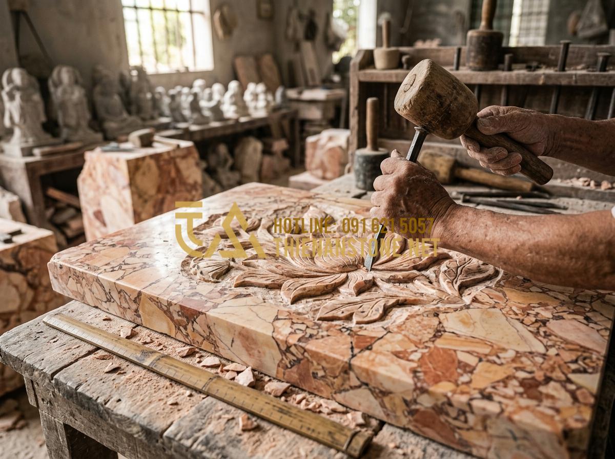 Cách lựa chọn kích thước phù điêu đá chuẩn thước Lỗ Ban - Hình 1 Cách lựa chọn kích thước phù điêu đá chuẩn thước Lỗ Ban - Tạo ảnh tiếng Anh: [A high-quality, professional photograph of a skilled artisan